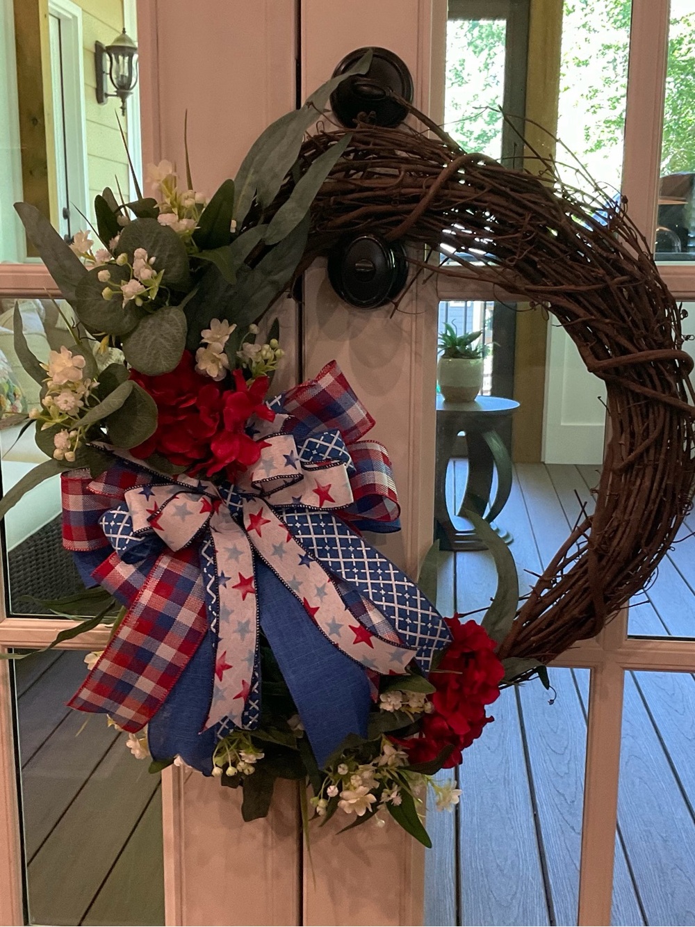 Patriotic Red, White & Blue Grapevine Holiday Wreath with Floral Bow
